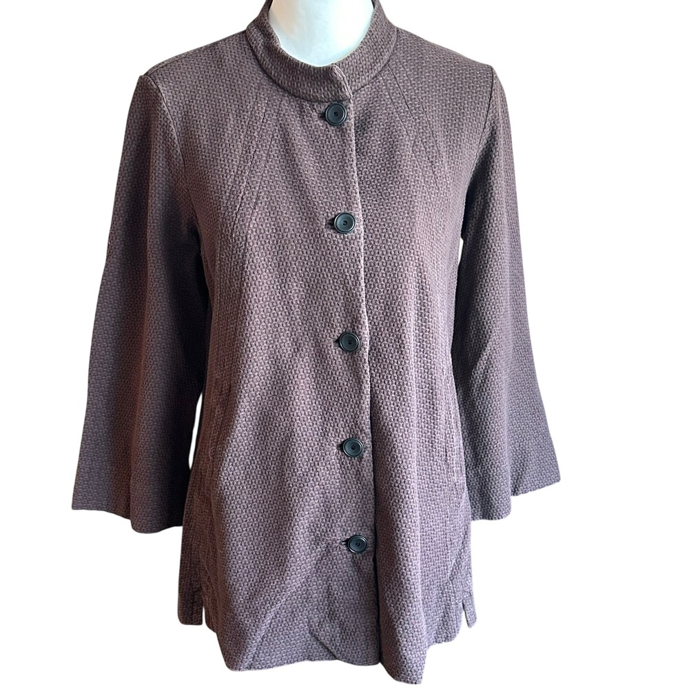 Eileen Fisher Jacket Size Small Brown Cotton Textured Jacket Mandarin‎ Collar